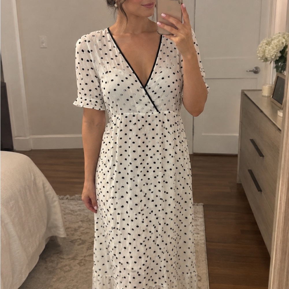 Adl - Turkish White Polka Dot Wrap Midi Dress with Black Trim